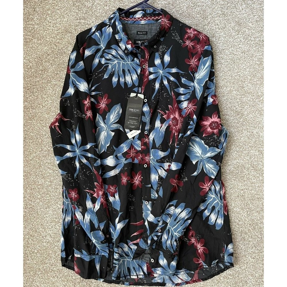 NWT Geometrix by Drill Clothing Slim Fit Button Up Floral Mens Size XL